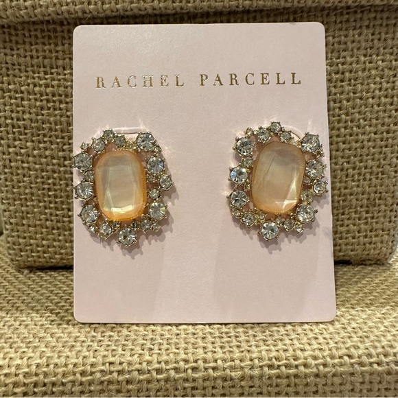 NWT Rachel Parcell Earrings gold tone rectangle peach crystal & clear rhinestone - Picture 3 of 9